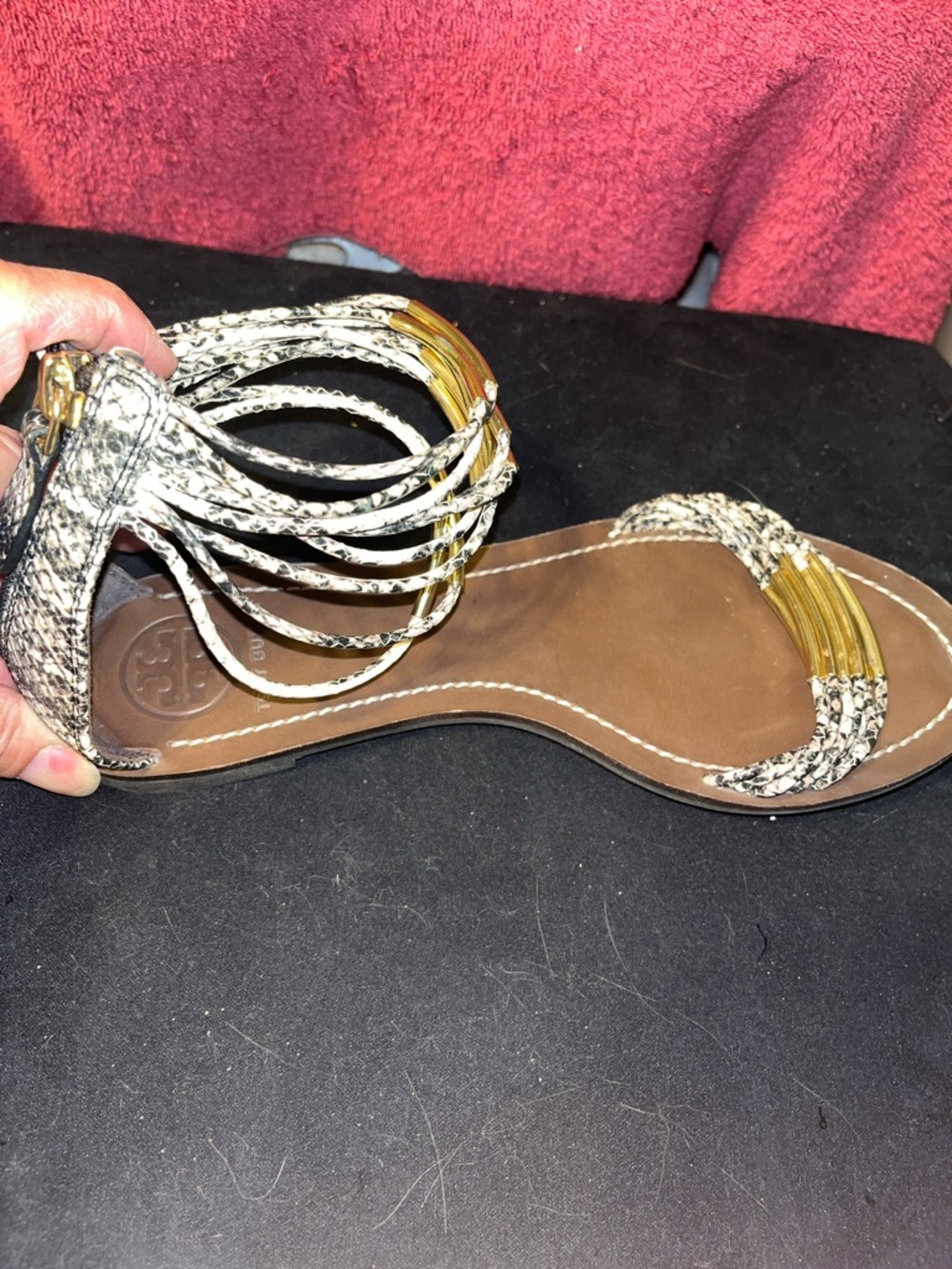 TORY BURCH MIGNON BRAIDED BROWN SNAKESKIN ANKLE STRAP SANDALS WITH GOLD ACCENTS - Picture 3 of 7